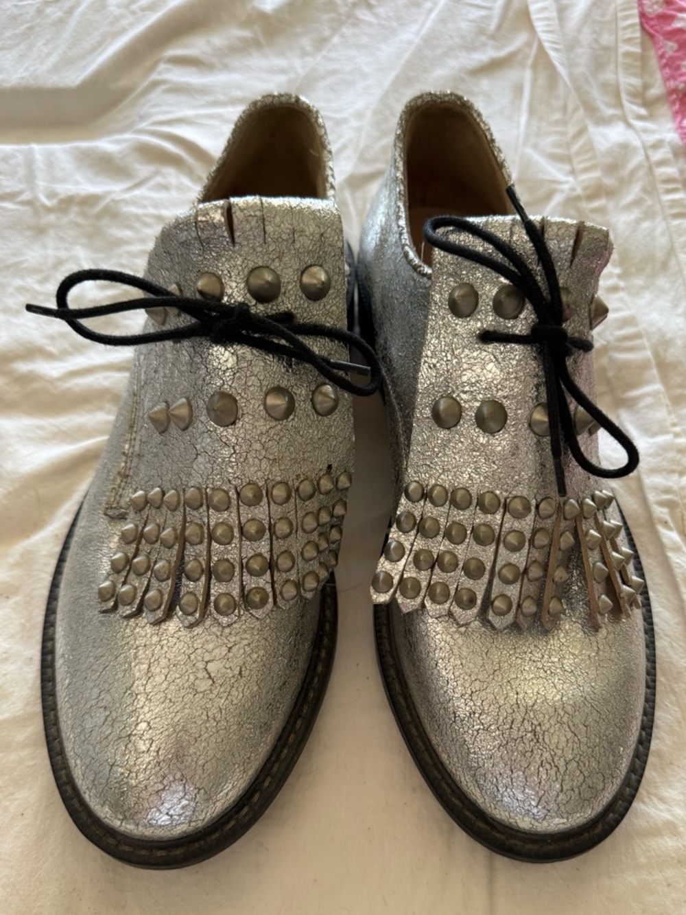 Handmade Silver Leather Oxfords with studded fringe